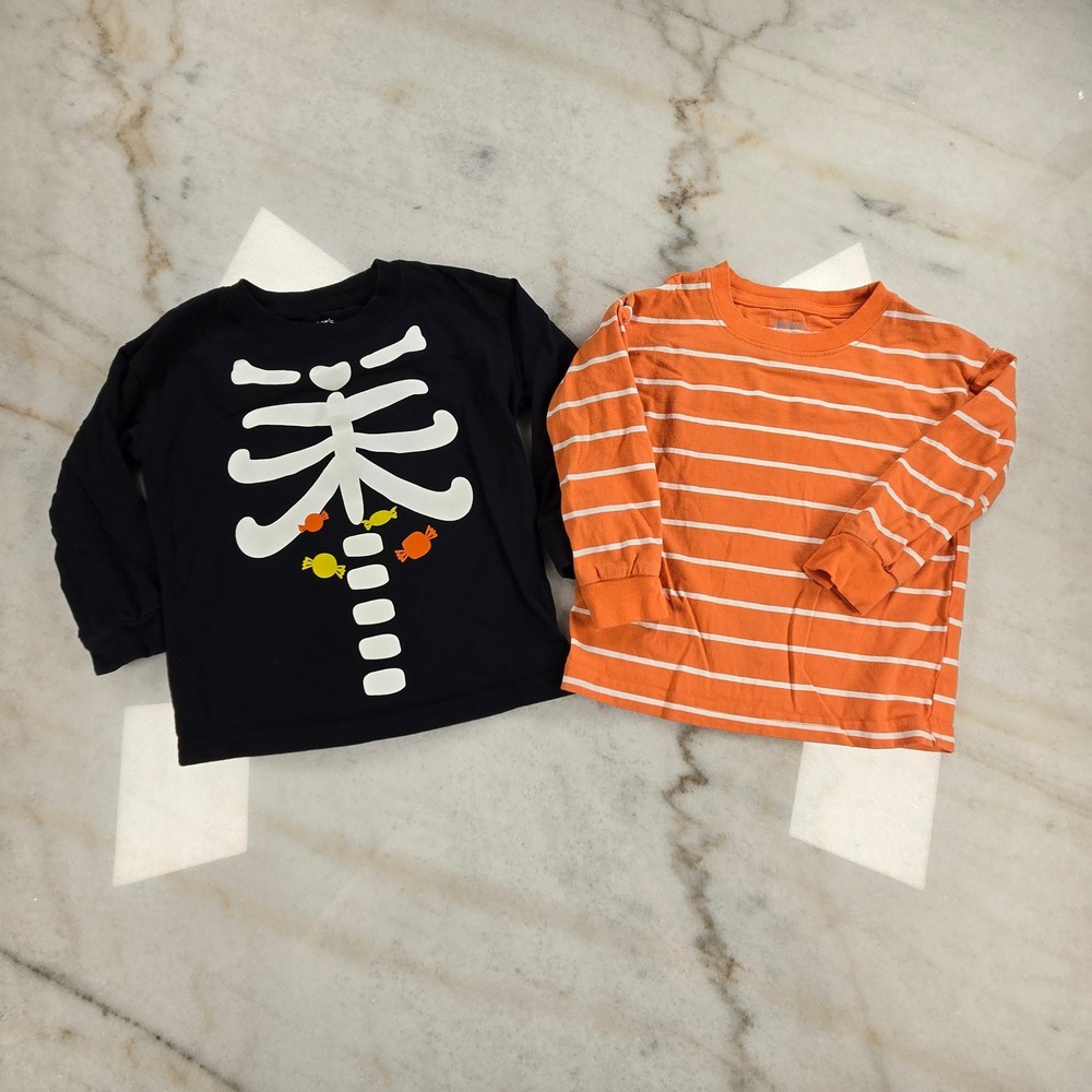 Carter's T-Shirt Toddler 2T Skeleton Orange Striped Halloween Fall Festive